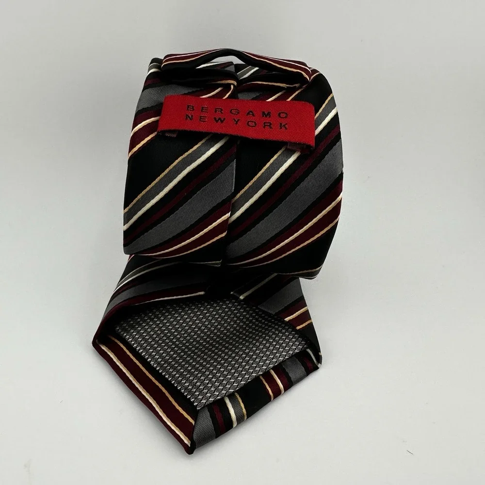 Bergamo New York Striped Necktie Black Gray Burgundy‎ Gold 57